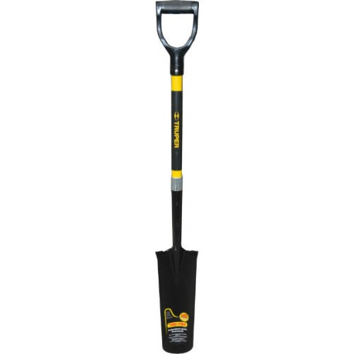 Truper Pro 16" spade with fiberglass handle, 14-gauge carbon steel head, boot tread design for comfort and control.