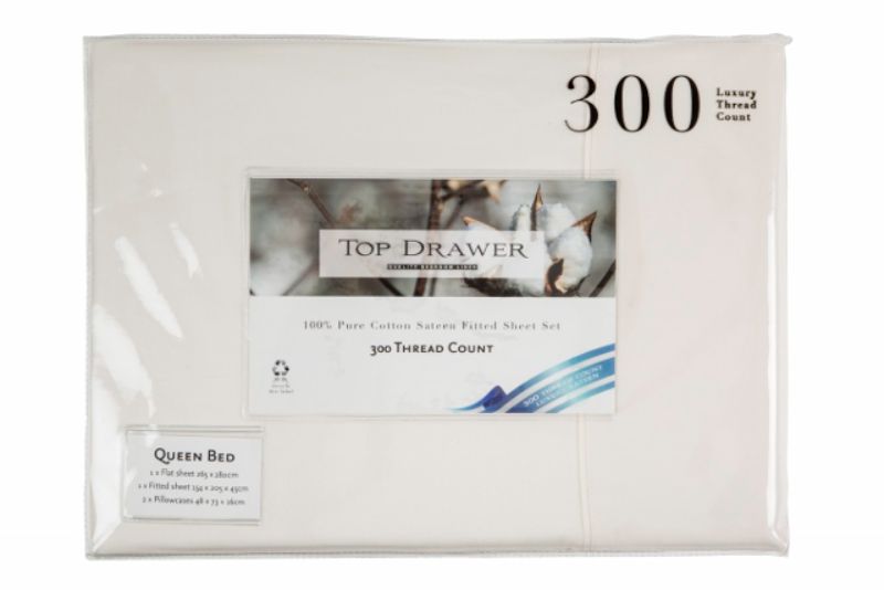 Californian King Sheet Set in Cream, 100% cotton, 300TC, includes flat and fitted sheets with deep pockets and pillowcases.