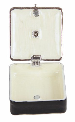 Elegant square trinket box with horseshoe design, crystal heart accent, and sleek black enamel finish, perfect for keepsakes.