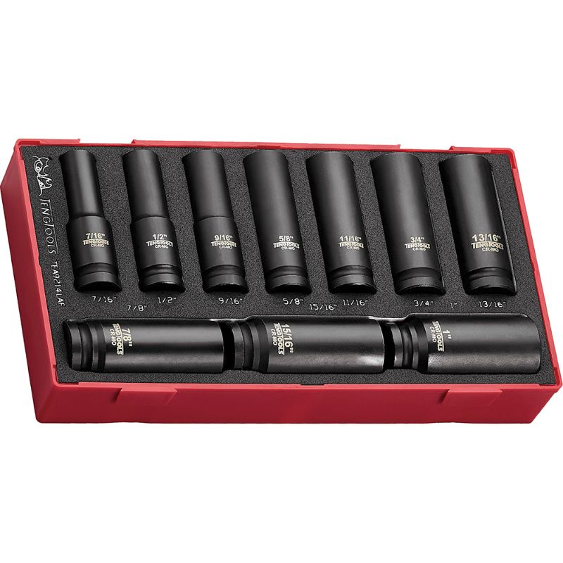 Teng 14pc 1/2in Dr. AF Deep Impact Socket Set with EVA insert, featuring durable chrome molybdenum and clear socket organization.