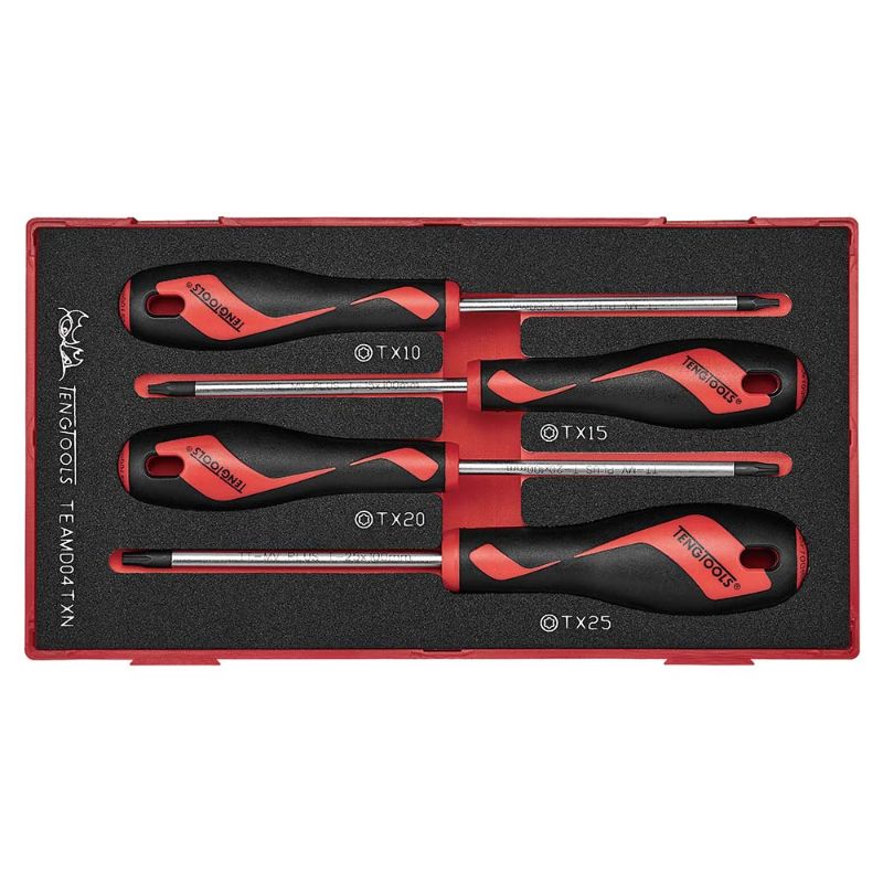 4-piece Teng Screwdriver Set TX with TX10, TX15, TX20, TX25 screwdrivers, featuring ergonomic handles for comfort and precision.