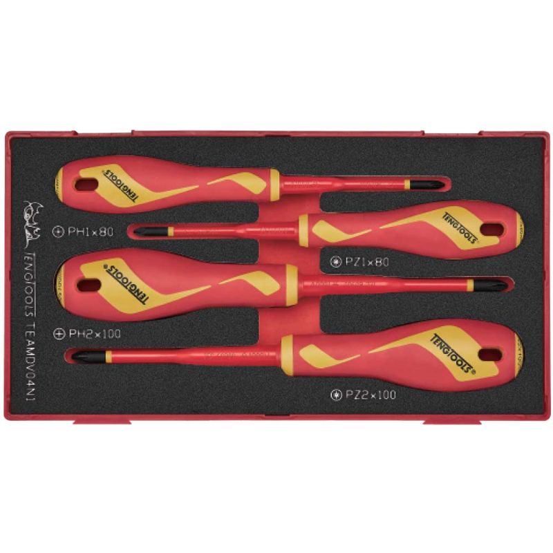 Teng 4pc insulated flat screwdriver set for electrical work, featuring ergonomic handles and durable insulation for safety.