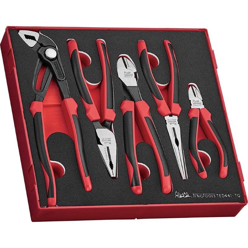 Teng 5pc Plier Set featuring TPR grips, organized in foam for easy access; ideal for DIY and professional tasks.