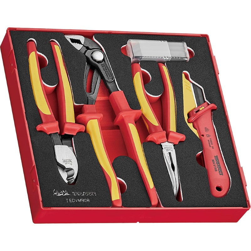 Teng 8pc Insulated Plier & Knife Set EVA2, designed for safe live work, features TRP grips and organized foam storage.