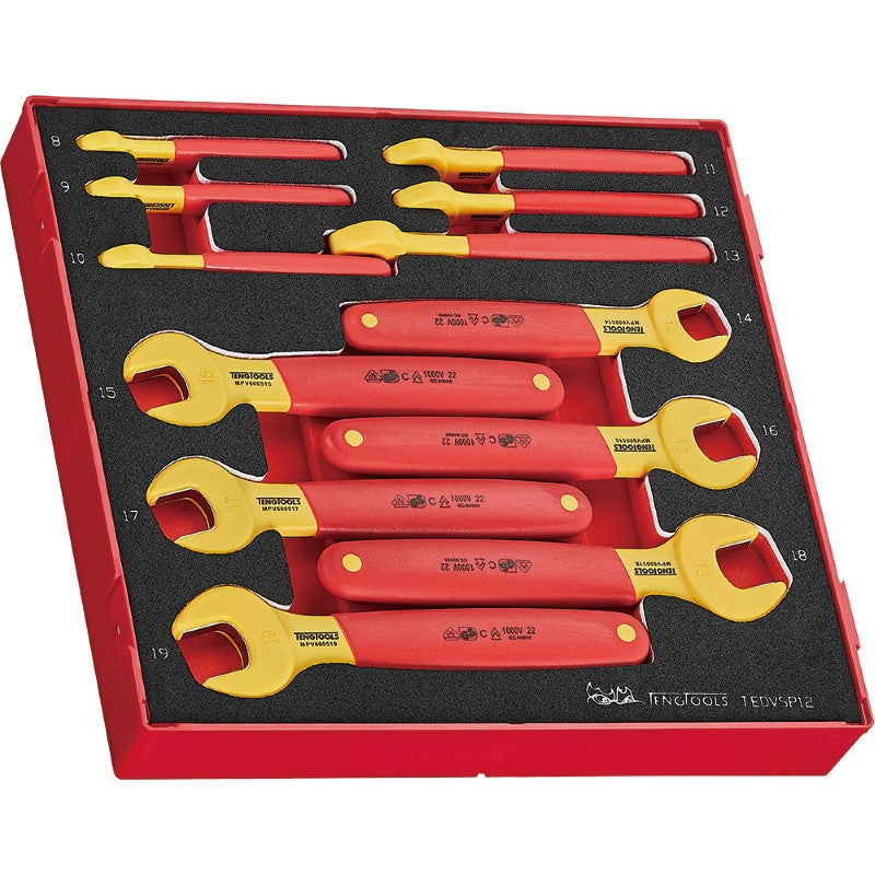 Teng 12pc Insulated Spanner Set EVA2, certified for 1000 volts, features a 15° offset and nonslip grips for electrical tasks.