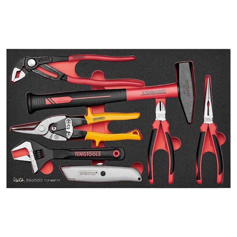 Teng 7pc Plier and Engineers Hammer Set featuring a hammer, pliers, snips, wrench, and utility knife for versatile tasks.