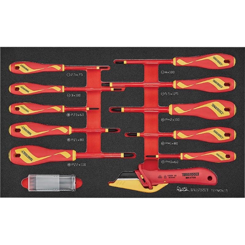 15pc Teng Insulated Screwdriver & Knife Set with tools for safe live electrical work, featuring protective insulation and EVA foam organization.