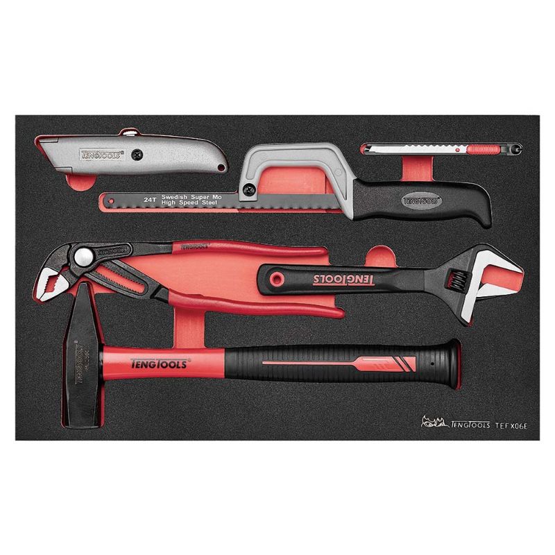 Alt text: "Teng 6pc Plumbing Tool Set featuring hammer, adjustable wrench, utility knife, hacksaw, and water pump plier for versatile plumbing tasks."