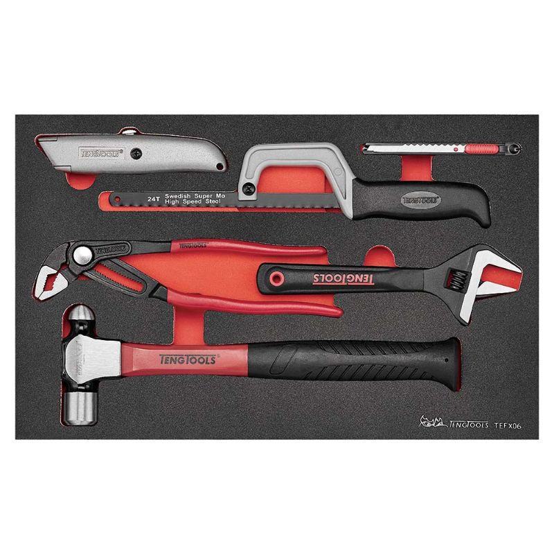 Teng 6pc Plumbing Tool Set featuring hammer, wrenches, utility knives, and hacksaw for all plumbing tasks.