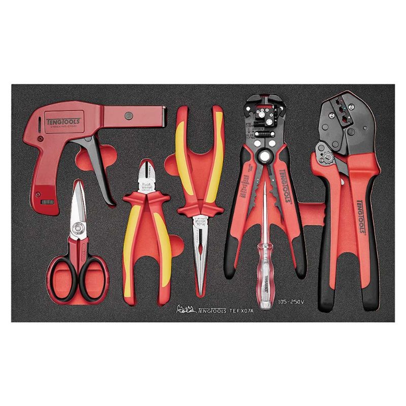 Teng 7pc Electrician Tool Set featuring insulated pliers, crimping and stripping tools, scissors, cable tie gun, and voltage tester.