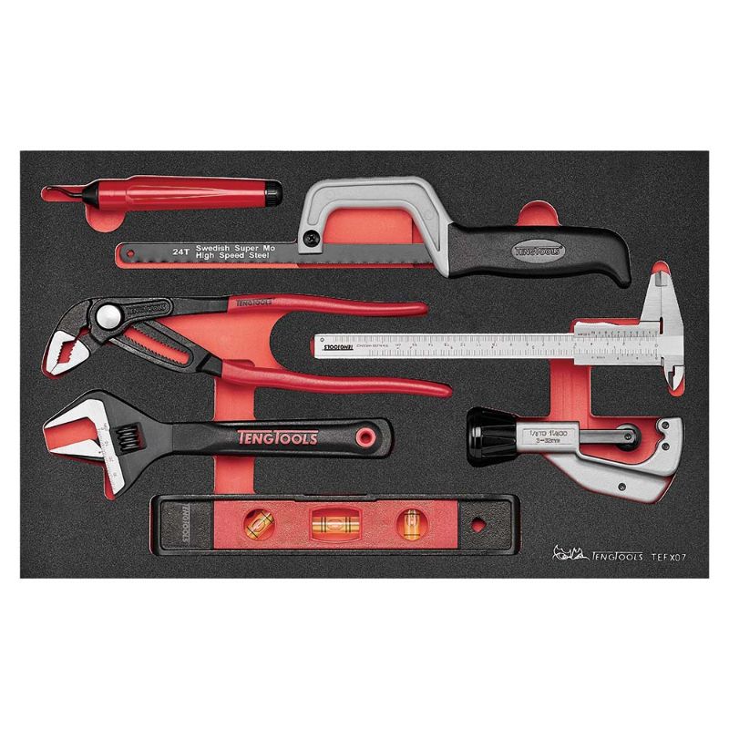 Teng 7pc Plumbing Tool Set features premium tools for efficient plumbing, including a hacksaw, caliper, level, pipe cutter, and more.