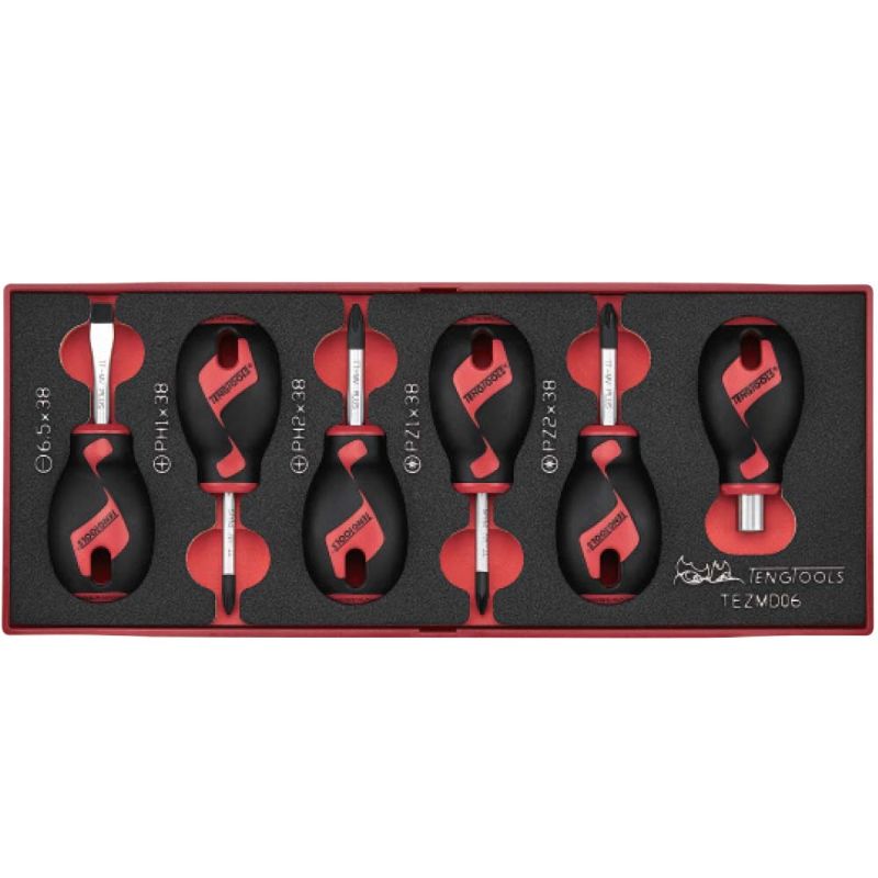 Teng 6pc Stubby Screwdriver Set featuring flat, PH, and PZ screwdrivers for tight space use and enhanced control.