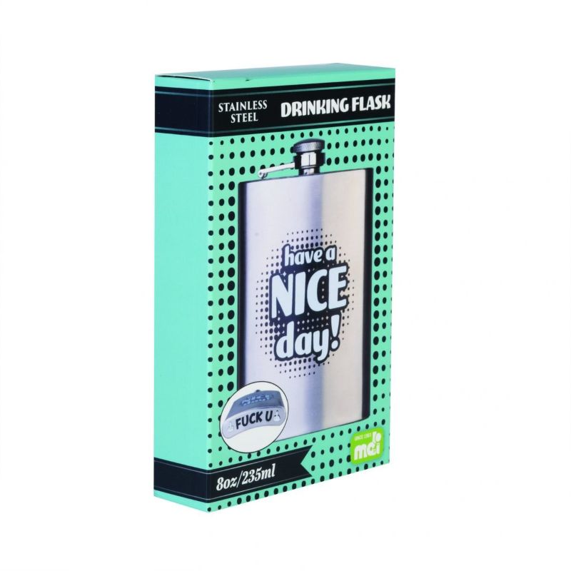 Cheeky stainless steel flask with secret message, holds 8oz, 13.5cm tall, perfect for laughs and outdoor adventures.