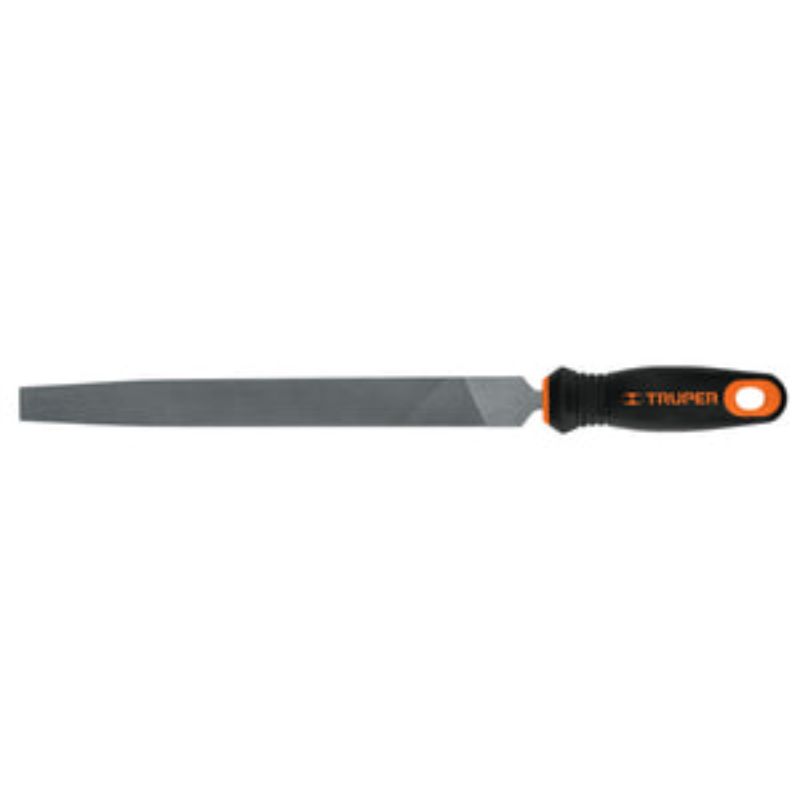 Truper Flat Smooth Cut File 250mm with handle for precise finishing on wood, metal, and plastic; ergonomic grip for comfort.