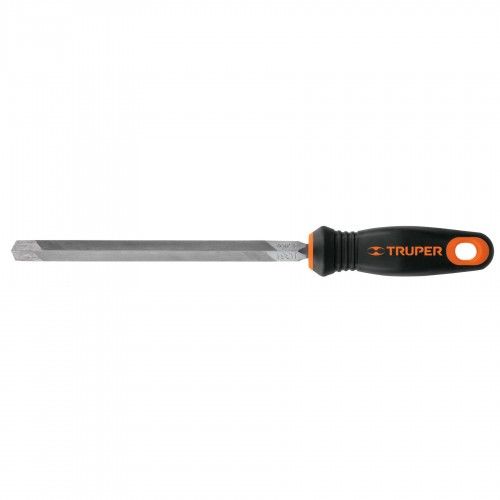 Triangular bastard cut TRUPER file (200mm) with ergonomic handle for sharpening agricultural tools and achieving precise angles.