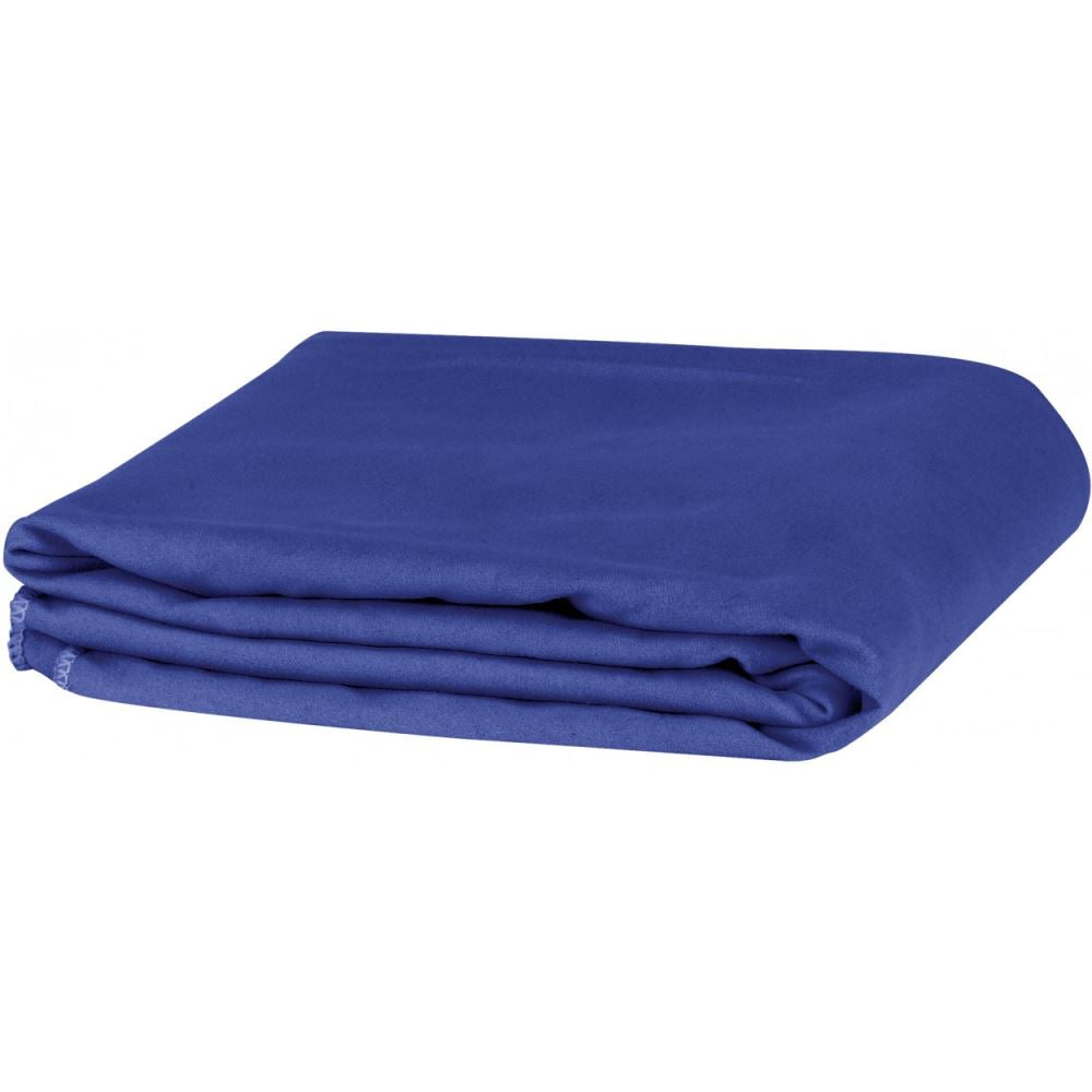 Compact blue microsuede travel towel, lightweight, quick-drying, and includes a locker loop for easy hanging.