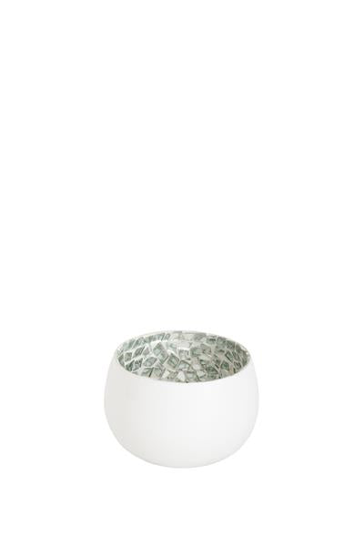 Mosaic white candle holder adds shimmer and character, perfect for any space; small size 10x10x6 cm.