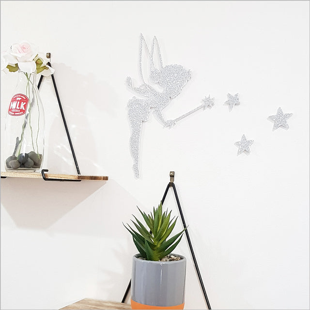 Glittery Tinkerbell wall art with stars, perfect for children's rooms, measuring 18cm x 28.5cm, adds magical décor.