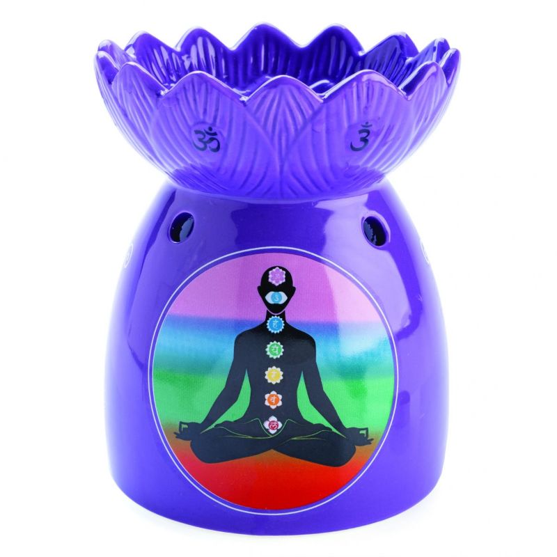 Chakra oil burner with lotus design, featuring 7 chakra symbols, perfect for aromatherapy and creating a calming ambiance.