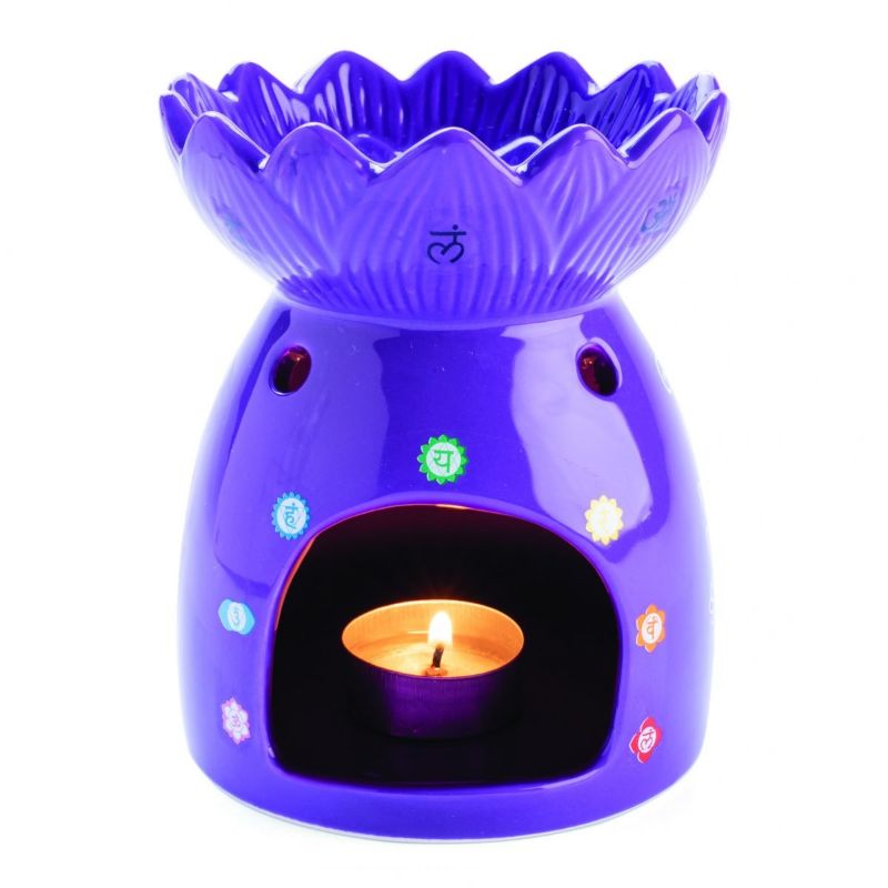 Artistic Chakra Oil Burner (14cm) with lotus bowl design, featuring 7 chakra symbols for aromatherapy and relaxation.