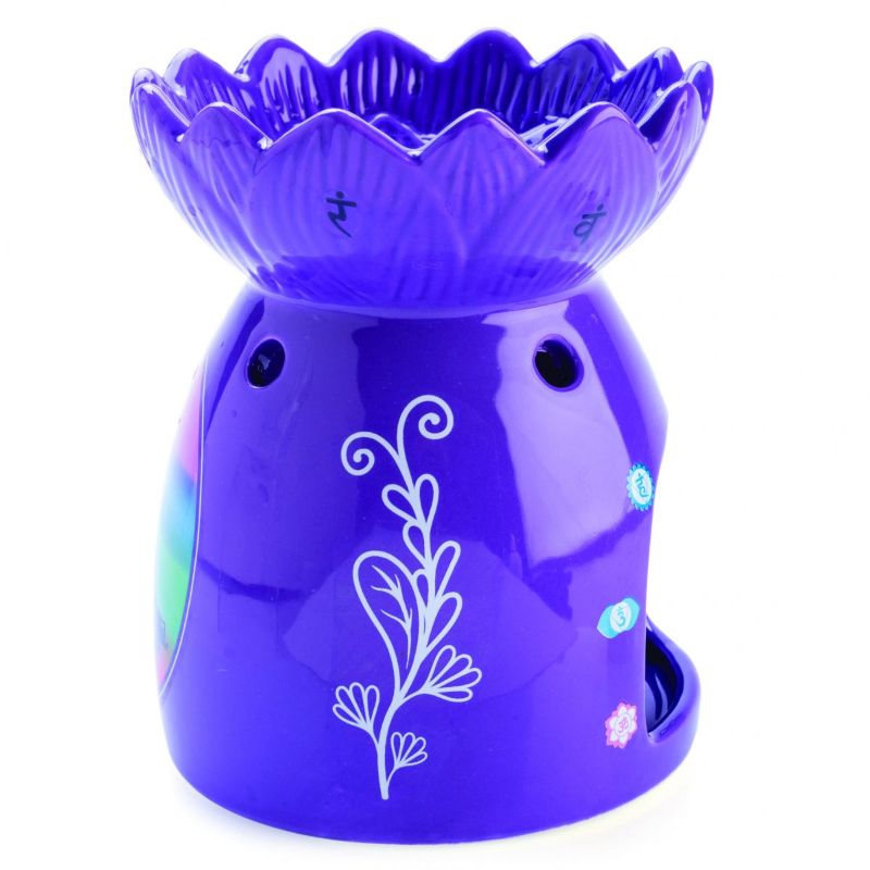 Chakra oil burner (14cm) with 7 chakra symbols, lotus bowl design, promotes relaxation and mindfulness through aromatherapy.