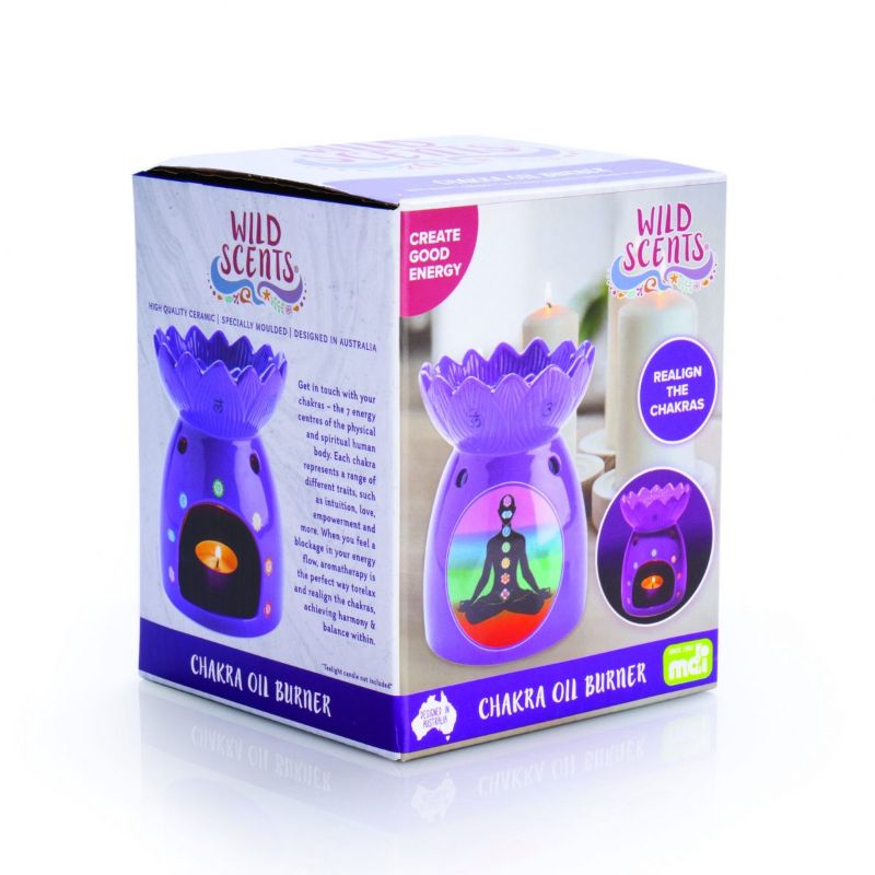Chakra oil burner featuring 7 chakra symbols and lotus bowl design, perfect for aromatherapy and creating a serene ambiance.