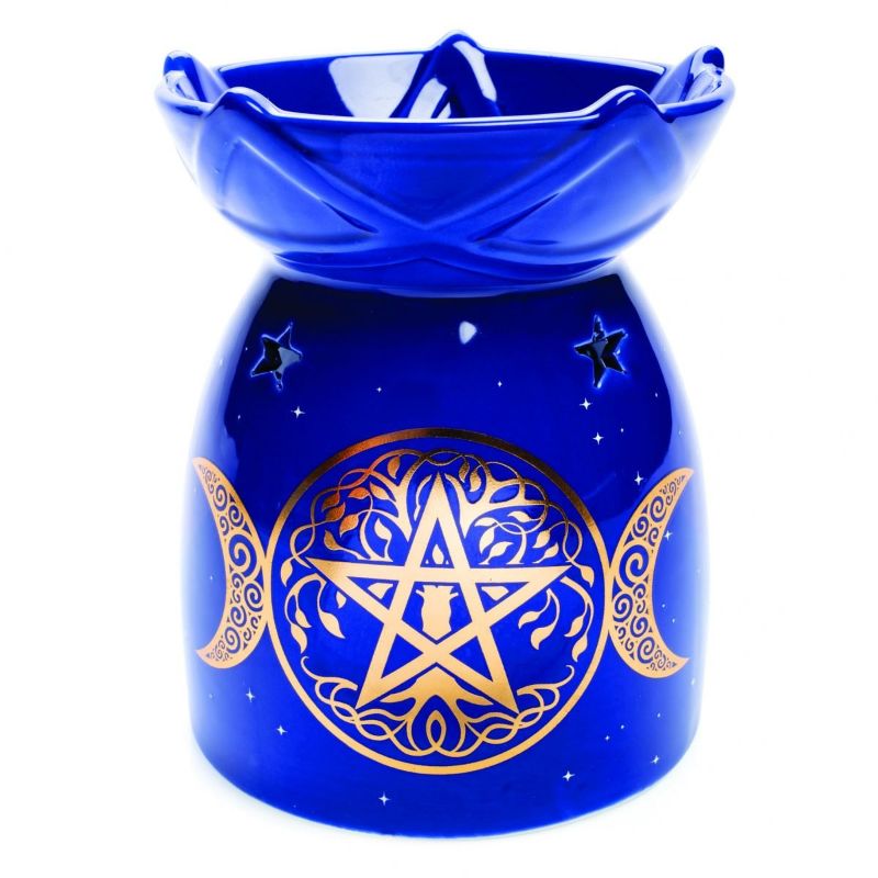 Elegant 14cm pentacle oil burner, featuring gold moon icons and triple goddess symbols, for soothing aromatherapy.