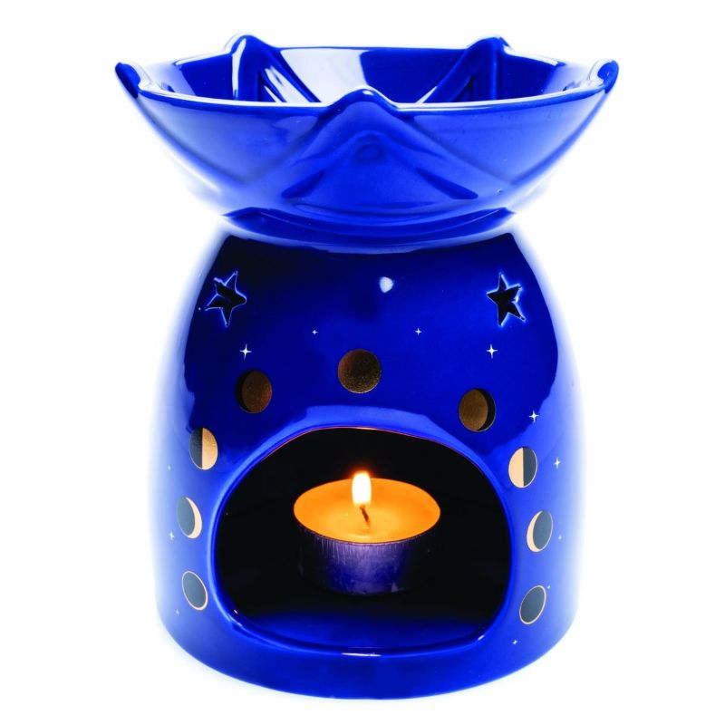 Elegant 14cm pentacle oil burner with moon phase icons and goddess symbols, perfect for aromatherapy and home decor.
