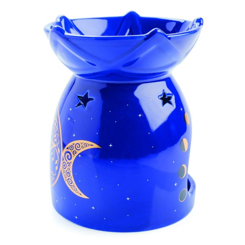 Elegant 14cm pentacle oil burner featuring moon phase icons and tree of life symbols, perfect for relaxation and aromatherapy.