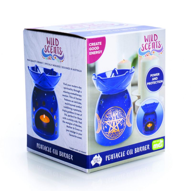 Elegant 14cm pentacle oil burner featuring golden moon phases and goddess symbols, perfect for soothing aromatherapy rituals.