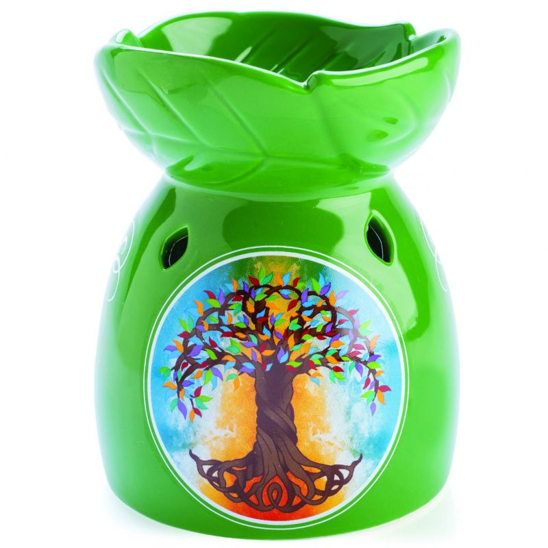 Calming 14cm oil burner featuring intricate leaf bowl design and colorful Tree of Life for aromatic experiences.