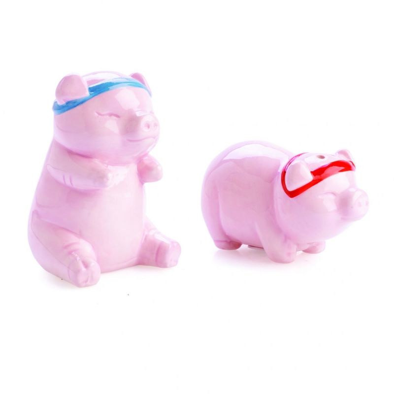 Cheeky pig-shaped salt and pepper shakers in blue and red headbands, perfect for fun dining decor.