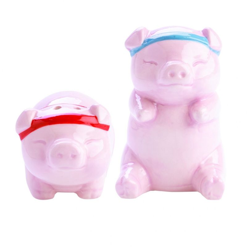 Cheeky Rude Pigs salt and pepper shakers with blue and red headbands, designed for playful dining decor.