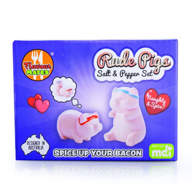 Cheeky pink pig salt and pepper shakers with blue and red headbands, designed to fit together playfully.