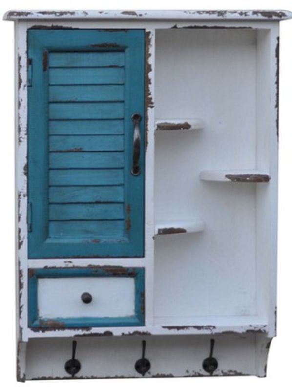 Elegant wooden organizer with distressed finish, metal handles, and coat hooks, perfect for stylish home storage.