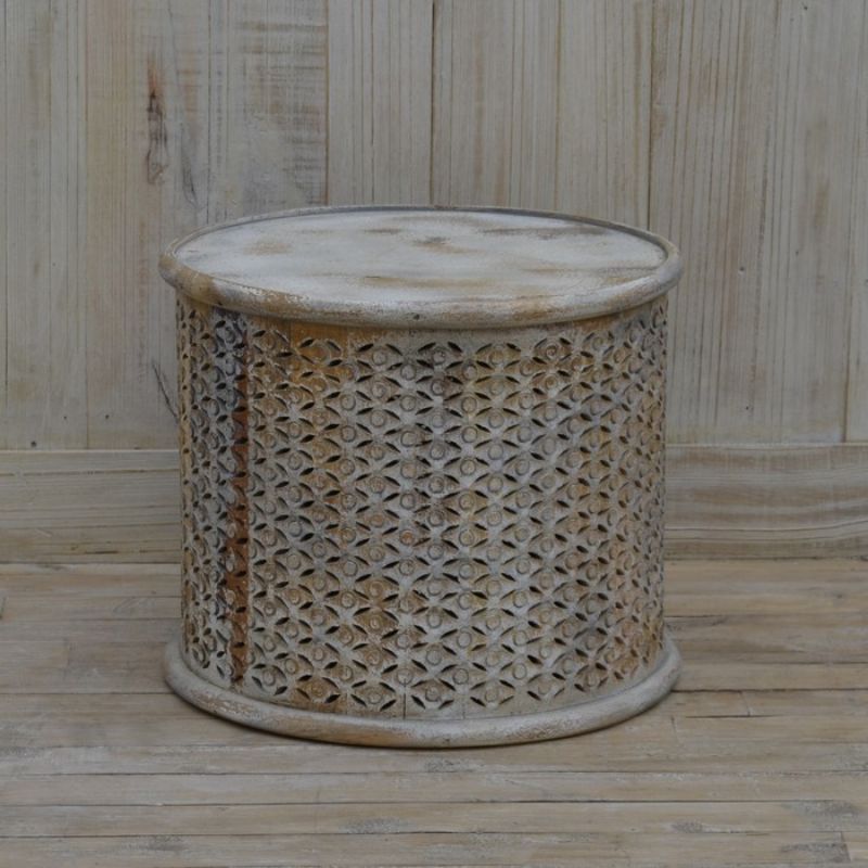 Wooden Boho Carved Table (58cm) in mango wood with intricate carvings and rustic finish, perfect for living or bedroom decor.