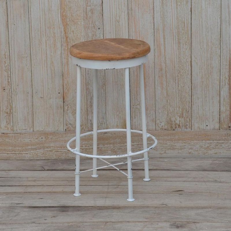 White bar stool with mango wood top and metal base, ideal for modern and rustic settings, 66cm tall and stylishly compact.