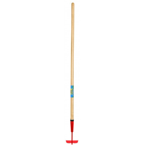 Kids gardening hoe with a steel head and 1150mm ash handle, designed for small hands to dig and plant in the garden.