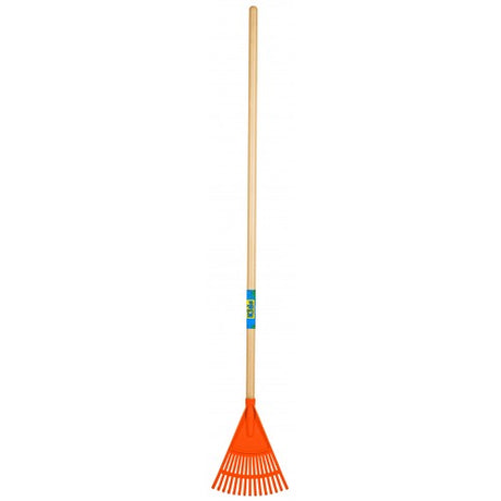 Kids Leaf Rake by Truper with durable plastic head and 1150mm ash handle, designed for young gardeners aged 4+.