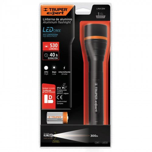 Truper LED Flashlight with CREE technology, 530 Lumens, 300m range, waterproof, durable, and ideal for outdoor use.