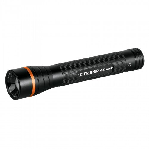Truper LED Flashlight: durable, 530 Lumens, 300m range, multiple modes, 40-hour runtime, compact, and water-resistant.