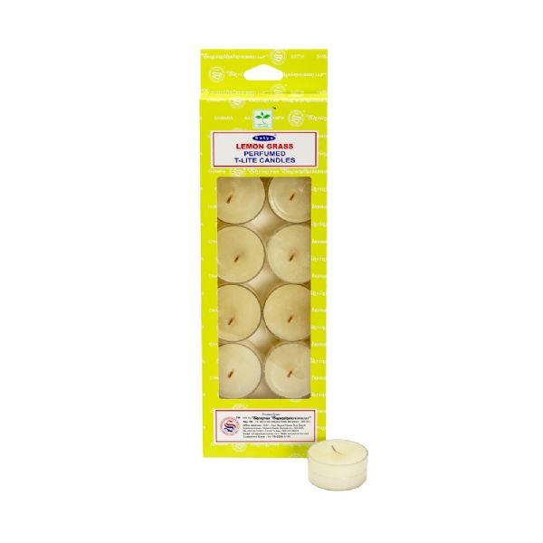 Set of 12 eco-friendly Satya Lemon Grass Tealight Candles, hand-poured for a refreshing and calming ambiance.