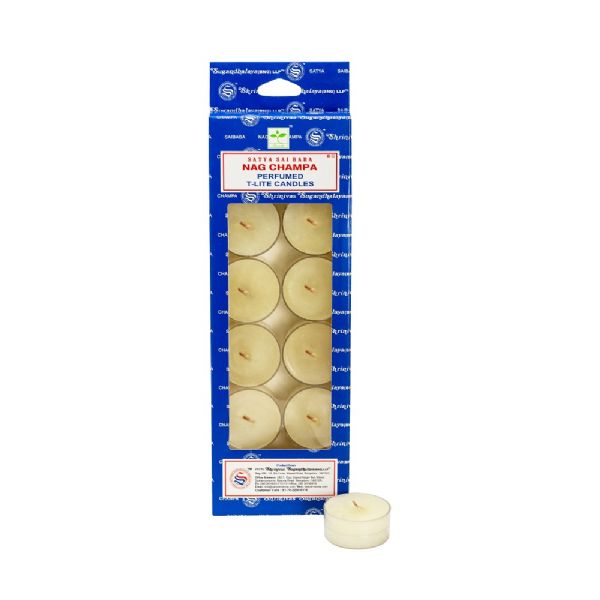 Satya Nag Champa Tealight Candles in a pack of 12, perfect for calming ambiance and meditation with enchanting fragrance.