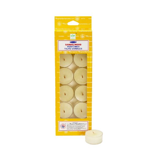 Satya Sandalwood Tealight Candles, 12-pack, eco-friendly with soothing sandalwood scent for relaxation and meditation.