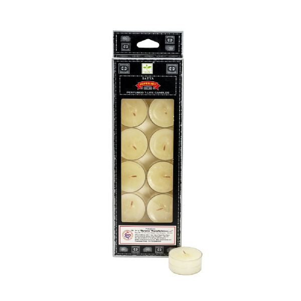 A set of 12 Satya Super Hit tealight candles, delivering a captivating aroma for relaxation and positive ambiance.
