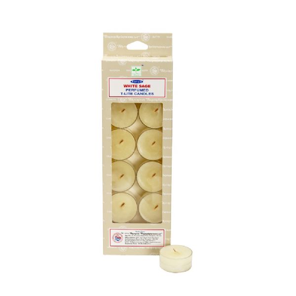 Satya White Sage Tealight Candles in a pack of 12, perfect for cleansing and creating a serene, peaceful atmosphere.