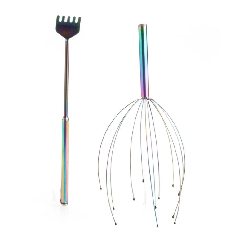 Luxury Calming Set featuring a metallic rainbow head tickler and extendable scratcher for ultimate relaxation and comfort.