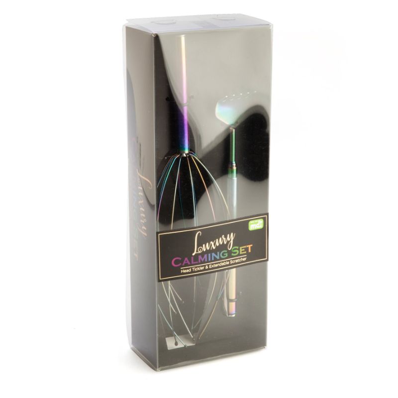 Luxury Calming Set featuring a metallic rainbow head tickler and extendable scratcher for ultimate relaxation and pampering.