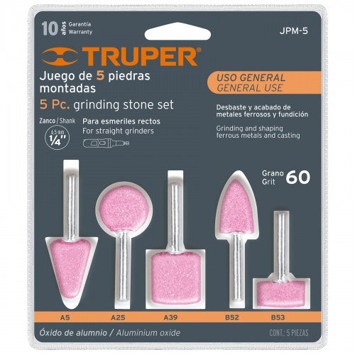 Five versatile grinding stones on a 6mm shaft, made of medium 60 grit aluminum oxide for precision grinding and polishing.