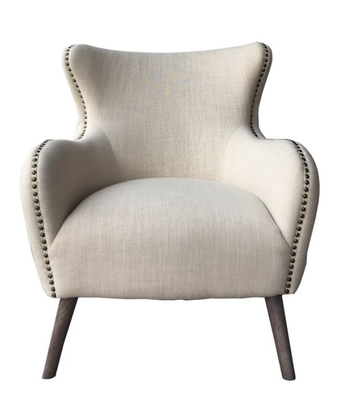 Sahara Occasional Chair in linen, featuring button backing and brass nail details, perfect for modern and Hamptons decor.
